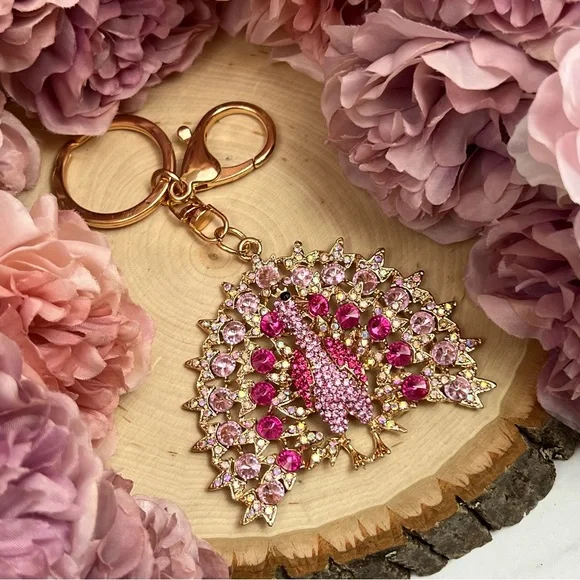 Beautiful Pink Crystal Peacock Keychain Charm - Picture 7 of 14
